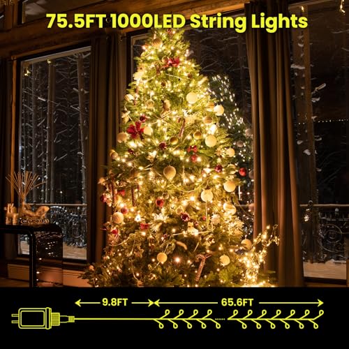 Dailyart 1000 Led Warm String Fairy Lights Plug in with Remote and Timer | 75Ft Fairy Lights Waterproof Small Twinkle Light 8 Modes Super Long Firefly Lights for Bedroom Christmas Tree,Gold Wire - color: Gold, size: 1000 LED
