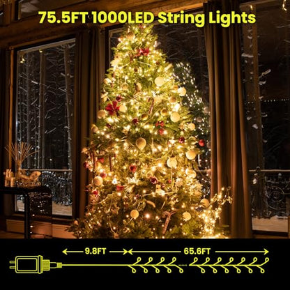 Dailyart 1000 Led Warm String Fairy Lights Plug in with Remote and Timer | 75Ft Fairy Lights Waterproof Small Twinkle Light 8 Modes Super Long Firefly Lights for Bedroom Christmas Tree,Gold Wire - color: Gold, size: 1000 LED