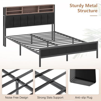 VECELO Farmhouse Metal Bed Frame Twin Size with Wooden Headboard & Footboard, Solid Platform Mattress Foundation with Storage, LED Light, Charging Station, USB Ports, Noise-Free, Easy Assembly, Black - size: Twin