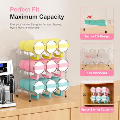 Reusable Stackable with Handle Compartment Water Bottle Tumbler Organizer for Stanley 40oz with Handle Cup, Stanley Accessories for Pantry, Cabinet & Kitchen Organization and Storage,3 Tier Hold 9 - size: 9-Bottle