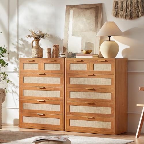 LEYAOYAO Rattan Dresser for Bedroom, 41" Tall Chest of Drawers | Gold Metal Handle, Brown Modern 6 Drawers Boho Dressers with Storage for Living Room, Hallway - color: Tea Brown, size: 15.5"D x 31.5"W x 41"H (6 Drawers)