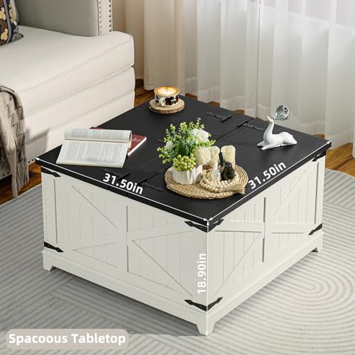 Joaxswe Farmhouse Coffee Table with Hidden Storage Compartment, Antique Black & White Square Large Center Table for Living Room, Wood Rustic Wide Coffee Tables with Hinged Lifting Tabletop for Home - color: White, style: With Legs