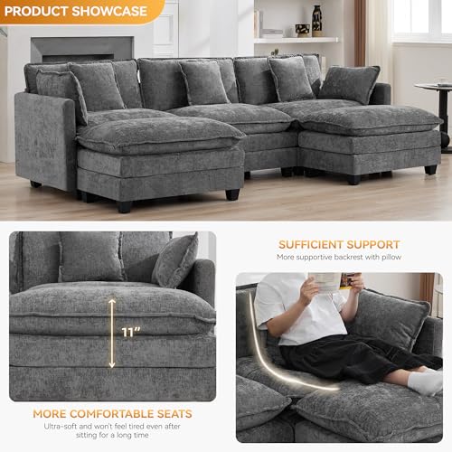 111'' Sectional Cloud Deep Seat Couch, Oversized Chenille U Shaped Sectional Sofa for Living Room Set, Comfy Upholstered Modular 3-Seats Sectional Sofa Couch with 2 Movable Ottoman, Grey - color: Grey, size: 111'' U Shape