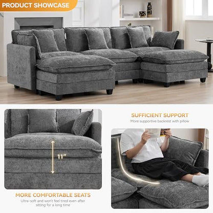 111'' Sectional Cloud Deep Seat Couch, Oversized Chenille U Shaped Sectional Sofa for Living Room Set, Comfy Upholstered Modular 3-Seats Sectional Sofa Couch with 2 Movable Ottoman, Grey - color: Grey, size: 111'' U Shape