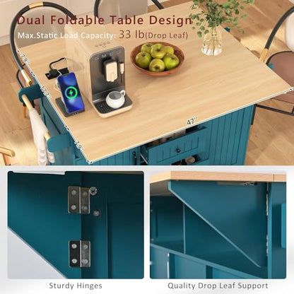 Kitchen Island with 2 Drop Leaf, Home Cart Island on Wheels Foldable Dining Table with Power Outlets,3 Drawers,Storage Cabinet, Tower Rack(Green) - color: Green