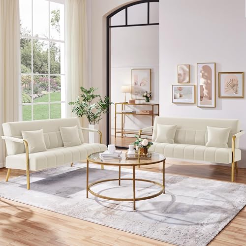 Yaheetech 56.5" Smal Sofa 2 Seater Couch with Gold-Tone Legs, Beige | Small Sofa Loveseat Velve 2 Seater Couch with Tufted Back Gold Metal Frame 2 Pillows for Office, Studio,Living Room - color: Beige, size: 56.5" W