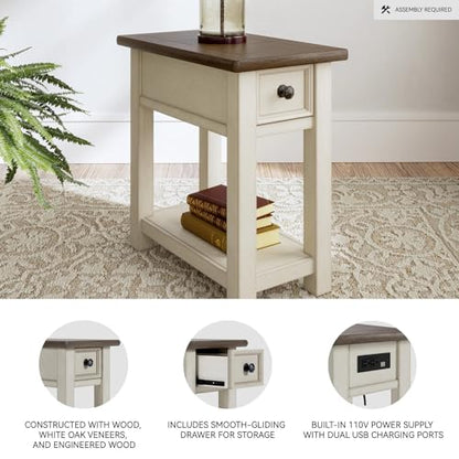 Signature Design by Ashley Bolanburg Narrow End Table, Charging Station | Slim 14-inch profile with USB charging, Wood, White oak veneers and engineered wood, Farmhouse style for small living rooms - color: Dark Brown & White
