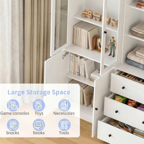 TUSY 71" H Bookcase with Storage | 6-Tier Modern Bookshelf with Drawers, Display Bookcase with Glass Doors, White Curio Cabinet for Home Office, Living Room - color: White