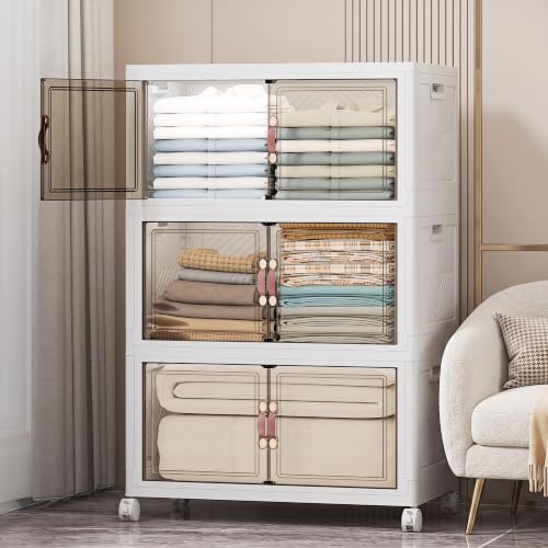 Stackable Storage Bins, 336QT Collapsible Drawers with 1 Lid | Large Capacity, Magnetic Door, Stack Lock, Rolling Wheels, Foldable Design, Organizers and Storage for Bedroom Dorm Garage - color: White-112qt, size: 3Pack with 1 top lid