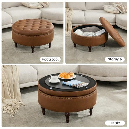31.5" Large Round Storage Ottoman, Upholstered PU Ottoman Coffee Table | Large Ottoman with Solid Wooden Legs and Nailheads, Side Table for Living Room Bedroom Office, Brown - color: Brown