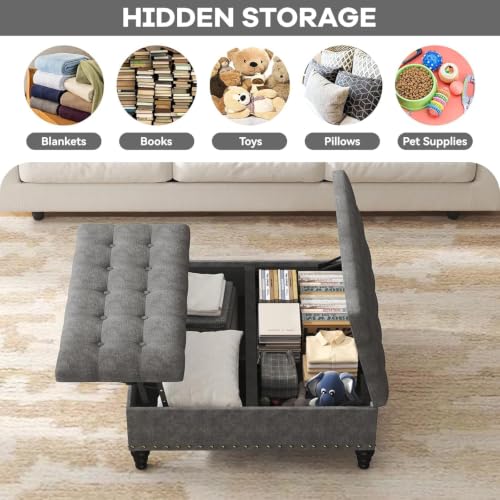 35" Ottoman Coffee Table, Storage Ottoman, Gray | Tufted Upholstered Coffee Table with Lift Top & Solid Wood Legs, Living Room