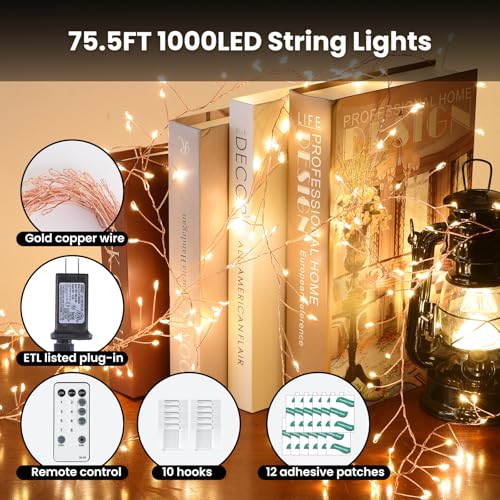 Dailyart 1000 Led Warm String Fairy Lights Plug in with Remote and Timer | 75Ft Fairy Lights Waterproof Small Twinkle Light 8 Modes Super Long Firefly Lights for Bedroom Christmas Tree,Gold Wire - color: Gold, size: 1000 LED