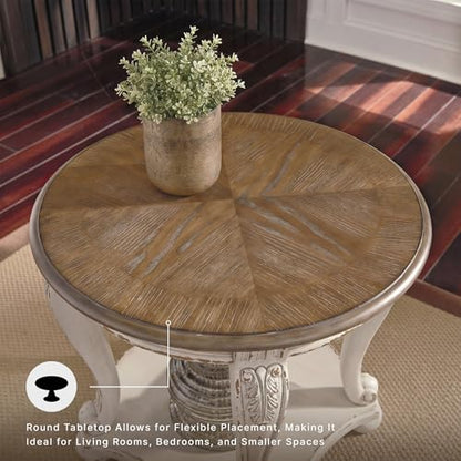 Signature Design by Ashley Realyn Round End Table, French Country, White | Ash veneer & engineered wood, Cast resin corbels, Fixed lower shelf, French country side table, White end table