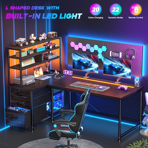 DurayLoly 55" L Shaped Gaming Desk with 3 Fabric Drawers & Shelves | Easy to Assemble Computer Desk with LED Lights, Power Outlet and PC Stand,Home Office Desk for Gaming Room Bedroom,Black - color: Black, size: 18.9"D x 55.1"W x 59"H