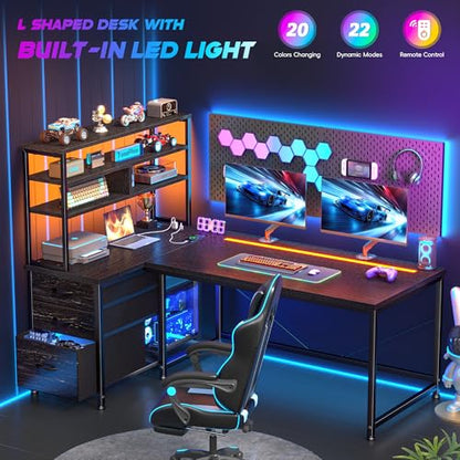 DurayLoly 55" L Shaped Gaming Desk with 3 Fabric Drawers & Shelves | Easy to Assemble Computer Desk with LED Lights, Power Outlet and PC Stand,Home Office Desk for Gaming Room Bedroom,Black - color: Black, size: 18.9"D x 55.1"W x 59"H