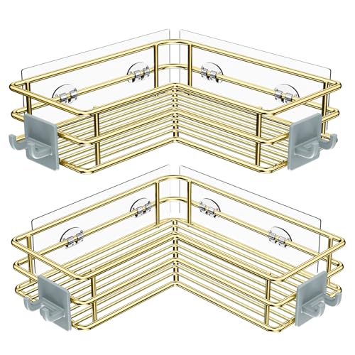 Nieifi Corner Shower Shelves, Adhesive Shower Caddy, Bathroom Organization | Stainless steel, 2 pack, wall mounted, bathroom shelves, shampoo and soap holder, bathtub storage, with hooks, golden - color: Golden