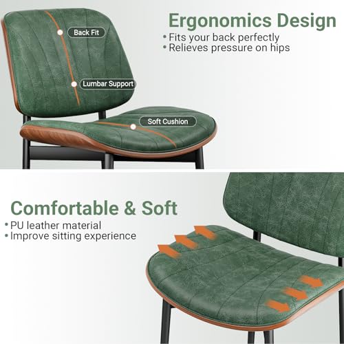 YaFiti Mid Century Dining Chairs Set of 2 with Walnut Bentwood, Green | Ergonomic Walnut Backrest, Upholstered Waterproof PU Leather Seat, Stable Metal Legs, Adjustable Footpads, Apartment Friendly - color: Green Scallop