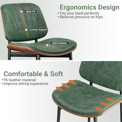 YaFiti Mid Century Dining Chairs Set of 2 with Walnut Bentwood, Green | Ergonomic Walnut Backrest, Upholstered Waterproof PU Leather Seat, Stable Metal Legs, Adjustable Footpads, Apartment Friendly - color: Green Scallop