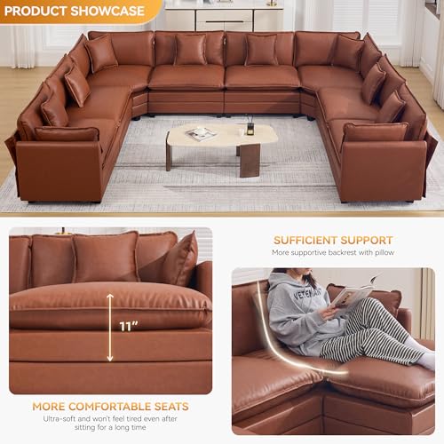 147'' Oversized U Shaped Cloud Sectional Sofa, Leather Deep Seat Couches for Living Room, Comfy Upholstered Modular Sectional Sofa Couch, Leather Brown - color: Pu-dark Brown, size: 147'' Oversized U Shape
