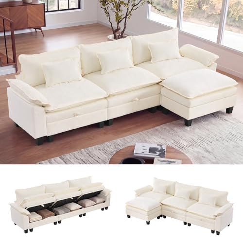 118" Modular Sectional Sofa with Storage, L-Shaped Cloud Couch | Deep Seat, Moveable Ottoman, Throw Pillows, Sofa Sleeper, Cloud Comfort Couches for Living Room Bedroom, Chenille Beige - color: Beige, size: 118" - 4 Seat L
