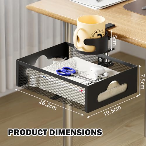 Cup Holder Under Desk Drawer 360° Swivel C-clamp Mounting Mesh Storage Box Spill-proof Easy Install Table Management Tray