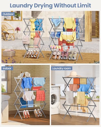 Oversize 3-Tier Clothes Drying Rack, No Install, Grey | Expandable Design, Non-slip feet, Tool-free Setup, Rust Prevention, Sturdy Construction, 14.9" D x 29.3" W, Holds 24lbs - color: Gray