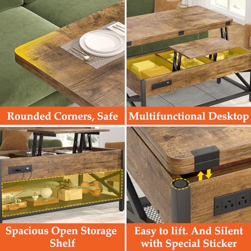 Aheaplus Coffee Table Lift Top with LED Light and Power Outlet, Multi-Function Coffee Table Converts to Dining Table, Center Table with Shelves for Living Room Reception Home Office, Rustic Brown - color: Rustic Brown