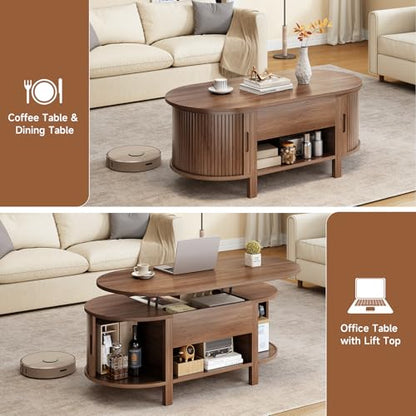 43.3" Oval Lift Top Fluted Coffee Table with Sliding Door, Walnut | Mid-Century Modern Fluted Coffee Table with Lift Tabletop & Multi-Storage Spaces, Dining Table for Living Room, Home Office - color: Walnut