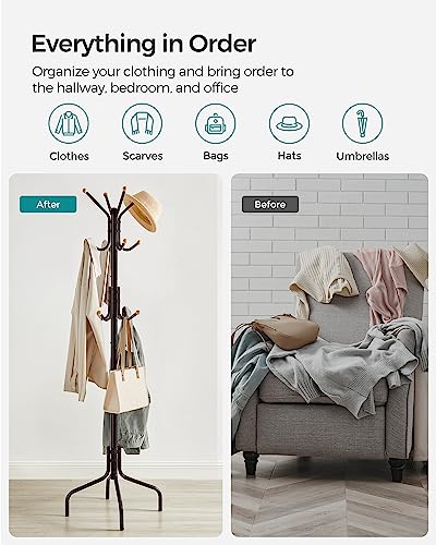 SONGMICS Coat Rack Freestanding, Metal Coat Rack Stand with 12 Hooks and 4 Legs, Holds Clothes, Hats, and Bags, for Entryway, Living Room, Bedroom, Brown URCR031Z01 | Coat Tree, Holds Clothes, Hats, and Bags, for Entryway, Living Room, Bedroom, Walnut Bro