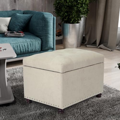 Ottoman with Storage,24" Fabric Ottoman Foot Rest with Hinged Lid Small Rectangle Upholstered Tufted Foot Stools Ottomans for Bedroom Living Room Entryway,Beige - color: Premium Beige