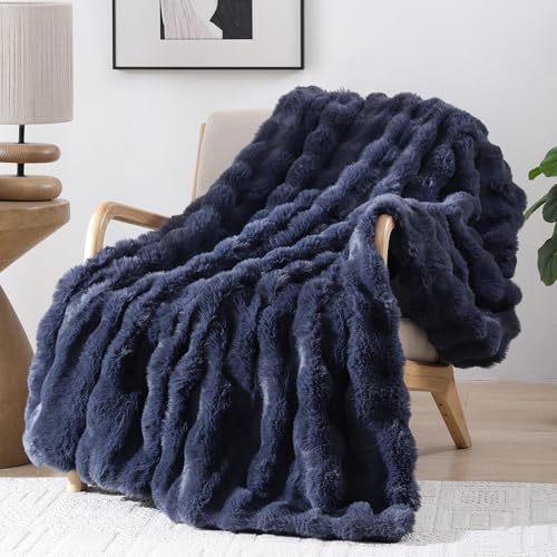 Faux Rabbit Fur Throw for Couch - Navy Blue Bubble Blanket 50"x60" | Fluffy Plush Fuzzy Throw for Sofa & Bed, Super Soft Cozy Comfrt Blanket, Luxury Aesthetic Navy Blue Decor Gift for Women - color: Navy Blue, size: Throw(50" x 60")