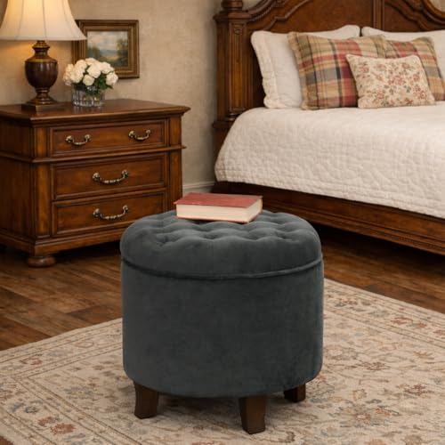Homepop Home Decor | Upholstered Round Velvet Tufted Foot Rest Ottoman | Ottoman with Storage for Living Room & Bedroom | Decorative Home Furniture, Dark Gray Small - color: Dark Gray