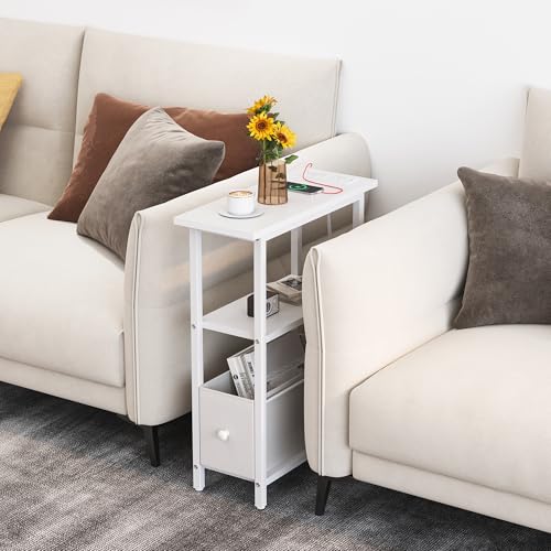 Narrow Side Table with Charging Station, Skinny End Table for Small Spaces, Thin Sofa Side Table with 1 Fabric Drawer, Slim Nightstand for Living Room, Bedroom, White - color: White, style: With Plug