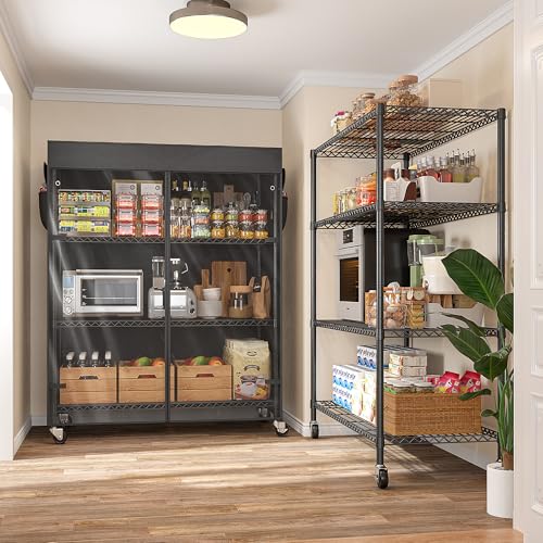REIBII 4-Tier Shelving Unit with Cover, Dustproof, with Wheels for Pantry | Heavy-duty steel, 794 lbs capacity, Dustproof cover with zippered access, 4 lockable wheels, Adjustable, Tool-free assembly - size: 36" W x 14.3" D x 56.5" H