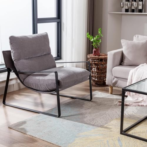 Set of 2 Modern Accent Chair, Linen Living Room Chair, Grey | Comfy Armchairs, Upholstered Lounge Armchair, Removable Seat Cushion, Black Metal Frame, For Reading Room, Bedroom, Balcony - color: Grey, size: 2PCS