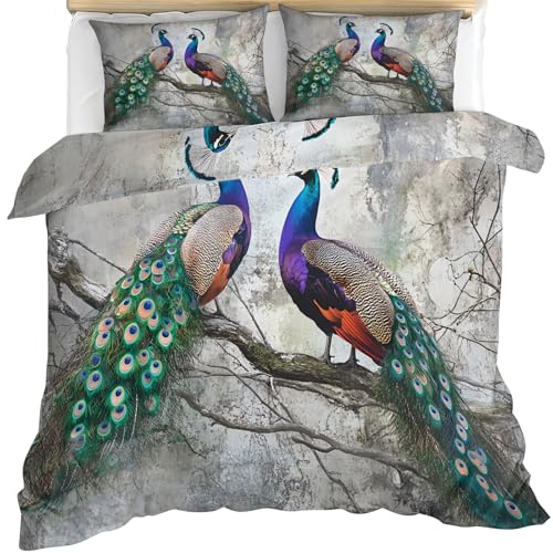 Peacock Bedding Sets Color Feather Duvet Cover Twin | Branch Motif Comforter Set with Zipper Closure - Vintage Bird Duvet Cover with 2 Pillowcases - 3 Pieces Bedding - color: Color Feather, size: Twin (68 x 88 in)
