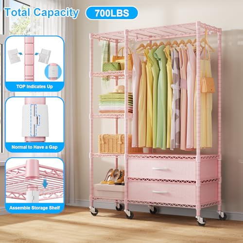 F3R Heavy Duty Clothes Rack（With Lockable Wheels）Freestanding Clothing Racks for Hanging Clothes，Adjustable Closet Organizer System，Portable Garment Rack 40"W x 15"D x 74"H，Max Load 700LBS，Pink - color: Pink, style: Rolling