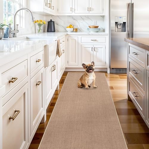 2x6 Jute Woven Runner Rug: Non Slip Backing Solid Color Easy Clean Hallways | Washable Thin Indoor Kitchen Carpet High Traffic Areas Farmhouse Home Decor Durable Textured Low Pile Accent Mats (Beige,2x6) - color: Beige, size: 2' x 6' (Rectangular)