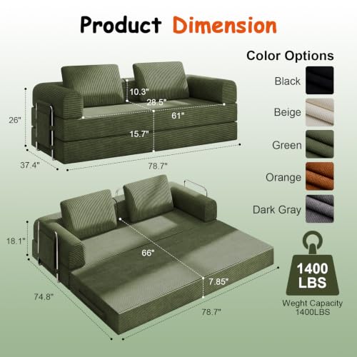 78" Convertible Sofa Bed, Corduroy Pull Out Couch with Fixed Frame & Pocket | 5-in-1 Boneless Sleeper Sofa, Couch Bed with 2 Pillows, Living Room, Small Spaces, Bedroom, No Assembly - color: 78''dark Green