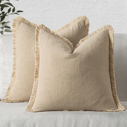 MIULEE Boho Linen Fringe Decorative Throw Pillow Covers Beige 18x18 | Set of 2, Cottagecore Decor, Boho Farmhouse Neutral Pillow Covers, Rustic Couch Cushion Cases for Sofa Bed Living Room - color: Beige, size: 18" x 18" (Pack of 2)