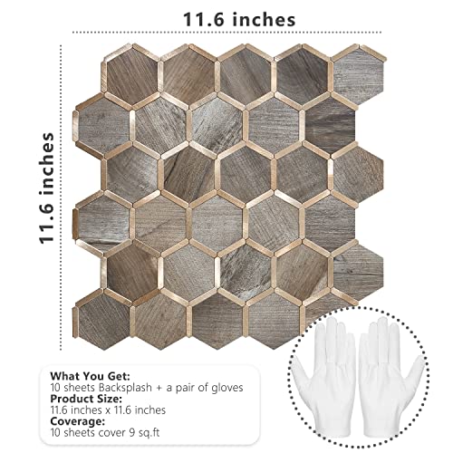 STICKGOO Hexagon Peel and Stick Backsplash Tile, Stick on Backsplash for Kitchen and Bathroom, Wood Texture PVC Mixed Metal Gold Self Adhesive Wall Tiles(10 Sheets, Seamless) - color: Wood Texture with Metal Gold