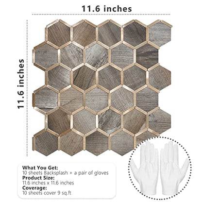 STICKGOO Hexagon Peel and Stick Backsplash Tile, Stick on Backsplash for Kitchen and Bathroom, Wood Texture PVC Mixed Metal Gold Self Adhesive Wall Tiles(10 Sheets, Seamless) - color: Wood Texture with Metal Gold