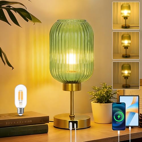 LAMSU Vintage Table Lamp for Bedroom with Bulb, Small Green Glass Beside Lamp with USB Ports, 3 Way Dimmable Gold Desk Lamp, Mid Century Modern Nightstand Lamp for Living Room, Office, Home Decor - color: Green