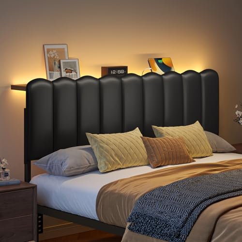 Full LED Light Headboard with Storage Shelf, Black | RGB LED 20 colors 21 modes, remote control, scalloped tufted, USB-A & Type-C ports, storage shelf, adjustable, foam padded - color: Black, size: Full