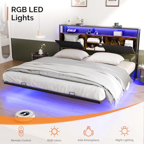VINGLI King Size Floating Bed Frame with LED Lights and Charging Station, Cozy Hidden Storage Velvet Upholstered Headboard,No Box Spring Needed,Easy Assembly,Black - color: Industrial Brown, size: King