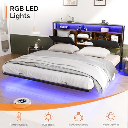 VINGLI King Size Floating Bed Frame with LED Lights and Charging Station, Cozy Hidden Storage Velvet Upholstered Headboard,No Box Spring Needed,Easy Assembly,Black - color: Industrial Brown, size: King