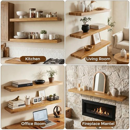 Dreamland 36 Inch Long Floating Shelves Set of 2, Rustic Solid Elm Wood Floating Shelf Wall Mounted, 8 Inch Deep Wooden Wall Shelves for Living Room, Bedroom, Bathroom, Kitchen, Natural - color: Natural, size: Flat Edge - 36"L