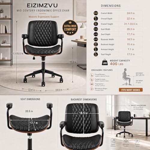 Home Office Desk Chair with Wheels, Armless Adjustable Height PU Leather Office Chair, Mid Back Ergonomic Computer Chair, Walnut Curved Seat Design No-Arm Chair (GX-9006-Armrests-Black) - color: Gx-9006-armrests-black
