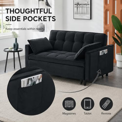 3 In 1 Velvet Convertible Sofa Bed, Pull Out Couch Bed with Reclining Backrest And 2 Pillows, 54" Full Size Loveseat Sleeper Sofa Futon Couch Bed, Couches For Small Spaces, Living Room (Black) - color: Black