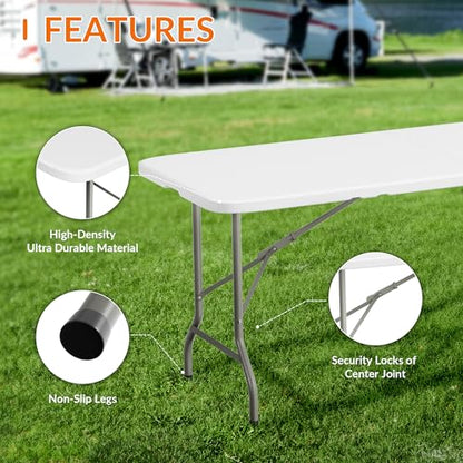 Elevon 6 Feet Heavy Duty Folding Table with Built in Handle & Steel Legs, Fold-in-Half Portable Table for Indoor Outdoor Use - Camping, Picnic, Party, Wedding, Dining, Utility Table - size: 6 Ft